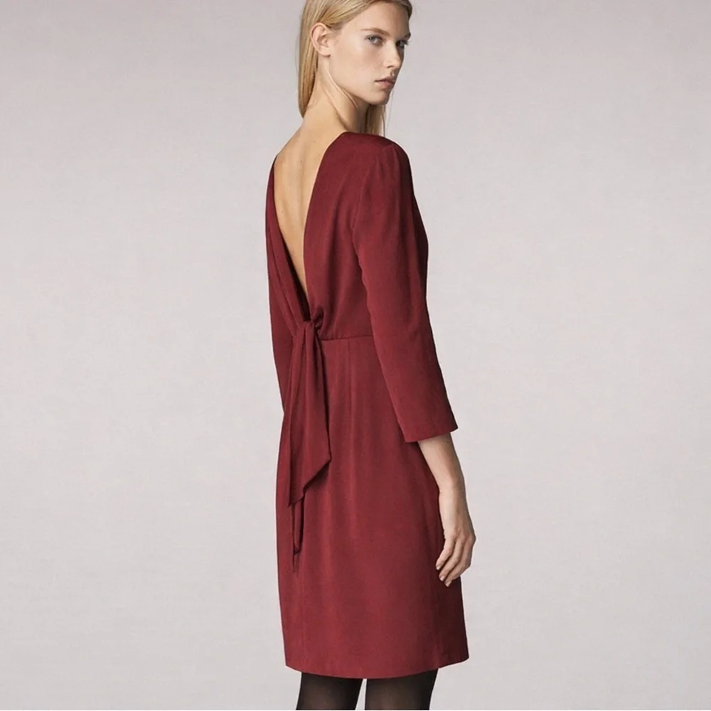 Massimo Dutti Burgundy Open Back Tie Dress | Deep V Back | Size 6 - Picture 8 of 13